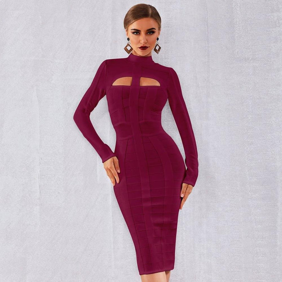 Bandage Dress Bodycon Cut Out High Neck Long Sleeve Rayon - Easy Pickins Store