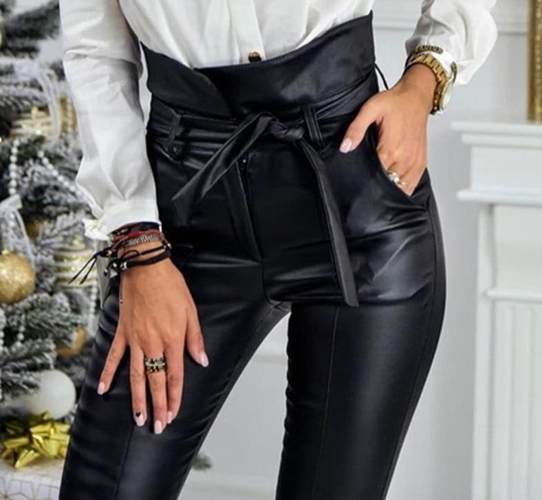 Belt High Waist Pencil Long Pants Faux Leather Sashes - Easy Pickins Store