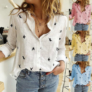 Birds Print Long Sleeve Loose Blouse - Easy Pickins Store