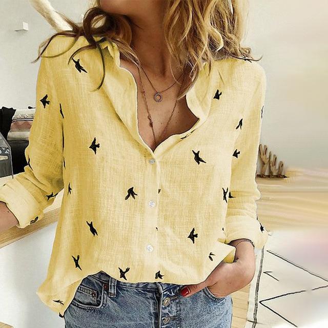Birds Print Long Sleeve Loose Blouse - Easy Pickins Store