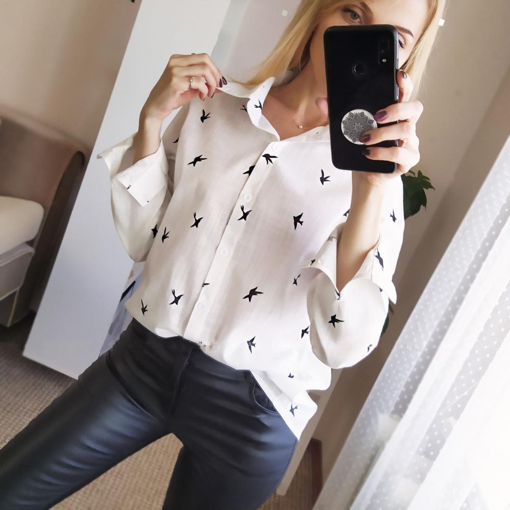 Birds Print Long Sleeve Loose Blouse - Easy Pickins Store