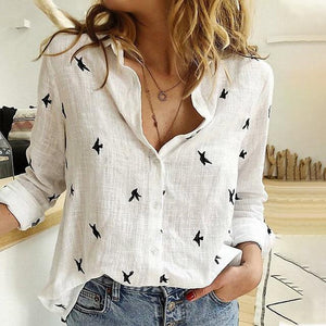 Birds Print Long Sleeve Loose Blouse - Easy Pickins Store