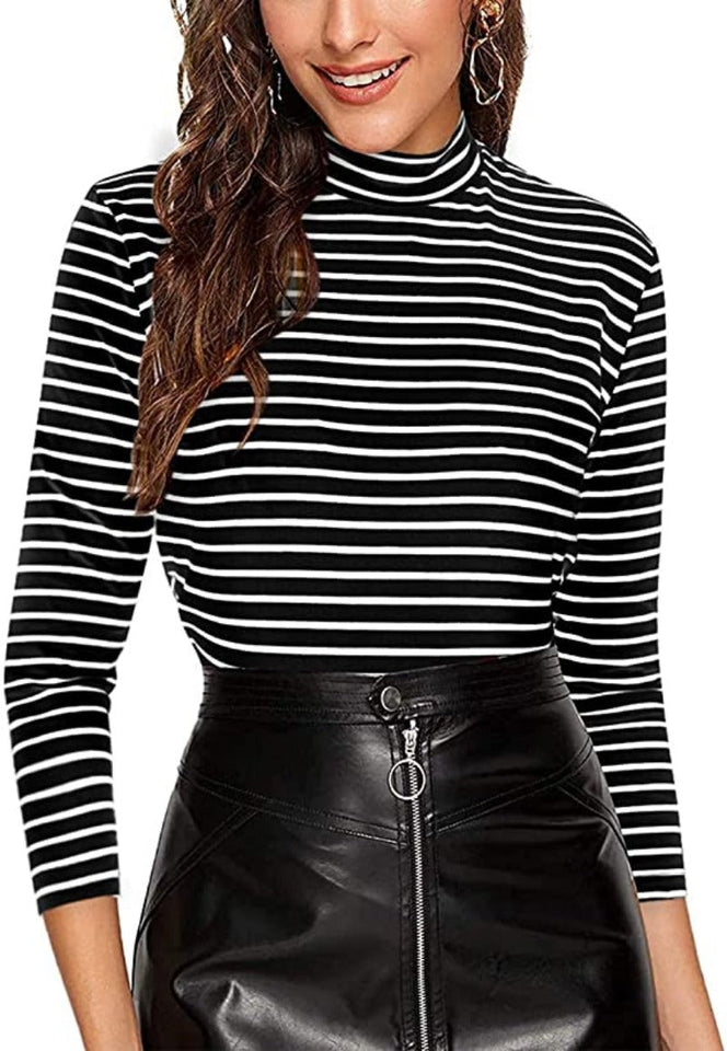 Black and White Slim Fit Mock Neck High Neck Striped Rib Knit T-Shirt - Easy Pickins Store