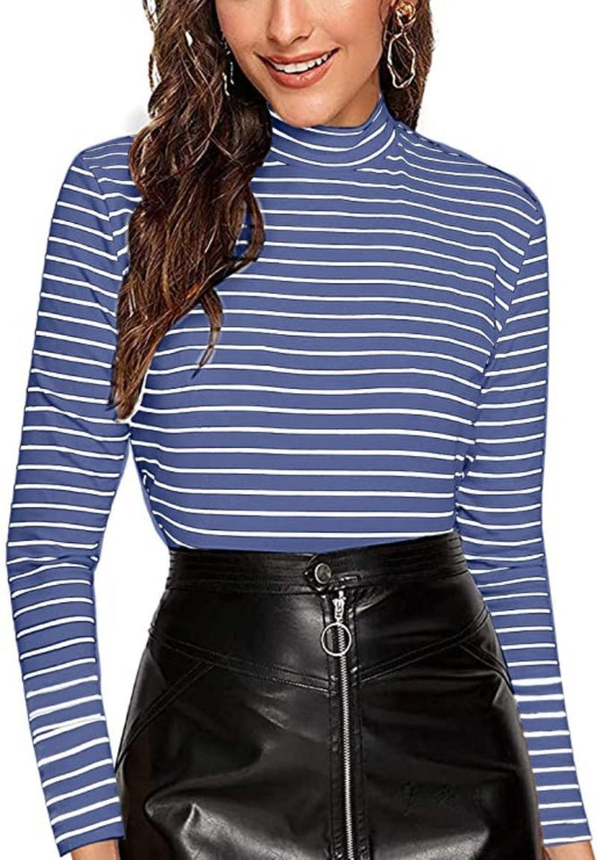 Black and White Slim Fit Mock Neck High Neck Striped Rib Knit T-Shirt - Easy Pickins Store