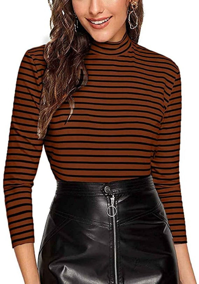 Black and White Slim Fit Mock Neck High Neck Striped Rib Knit T-Shirt - Easy Pickins Store