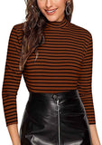 Black and White Slim Fit Mock Neck High Neck Striped Rib Knit T-Shirt - Easy Pickins Store