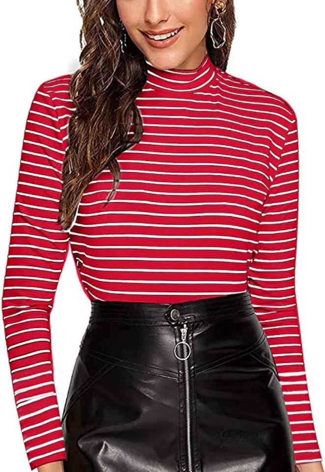 Black and White Slim Fit Mock Neck High Neck Striped Rib Knit T-Shirt - Easy Pickins Store