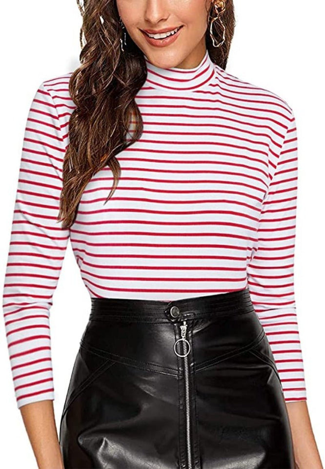 Black and White Slim Fit Mock Neck High Neck Striped Rib Knit T-Shirt - Easy Pickins Store