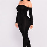 Black Off Shoulder Jumpsuit Long Sleeve Skinny Romper - Easy Pickins Store