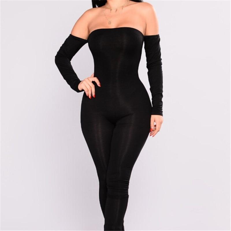 Black Off Shoulder Jumpsuit Long Sleeve Skinny Romper - Easy Pickins Store