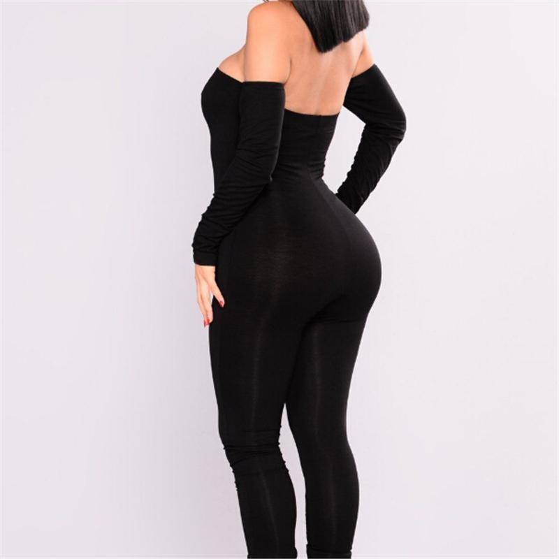 Black Off Shoulder Jumpsuit Long Sleeve Skinny Romper - Easy Pickins Store