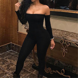 Black Off Shoulder Jumpsuit Long Sleeve Skinny Romper - Easy Pickins Store