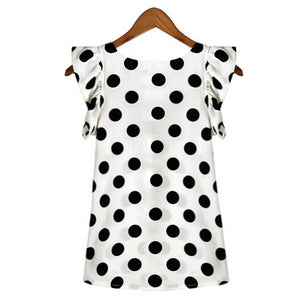 Black White Dots Blouse Chiffon Shirt Ruffle Sleeve - Easy Pickins Store
