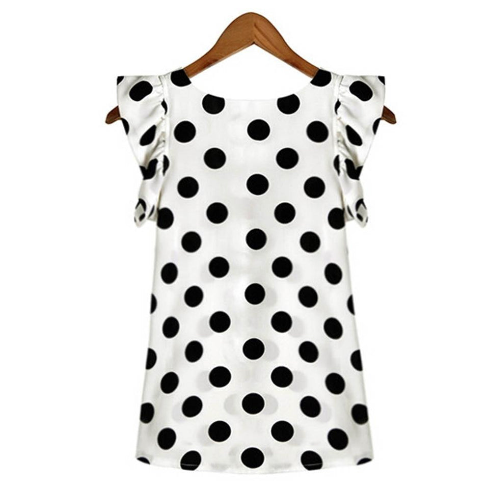 Black White Dots Blouse Chiffon Shirt Ruffle Sleeve - Easy Pickins Store