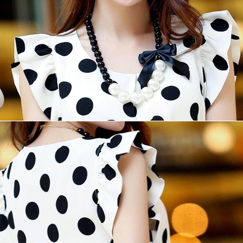 Black White Dots Blouse Chiffon Shirt Ruffle Sleeve - Easy Pickins Store