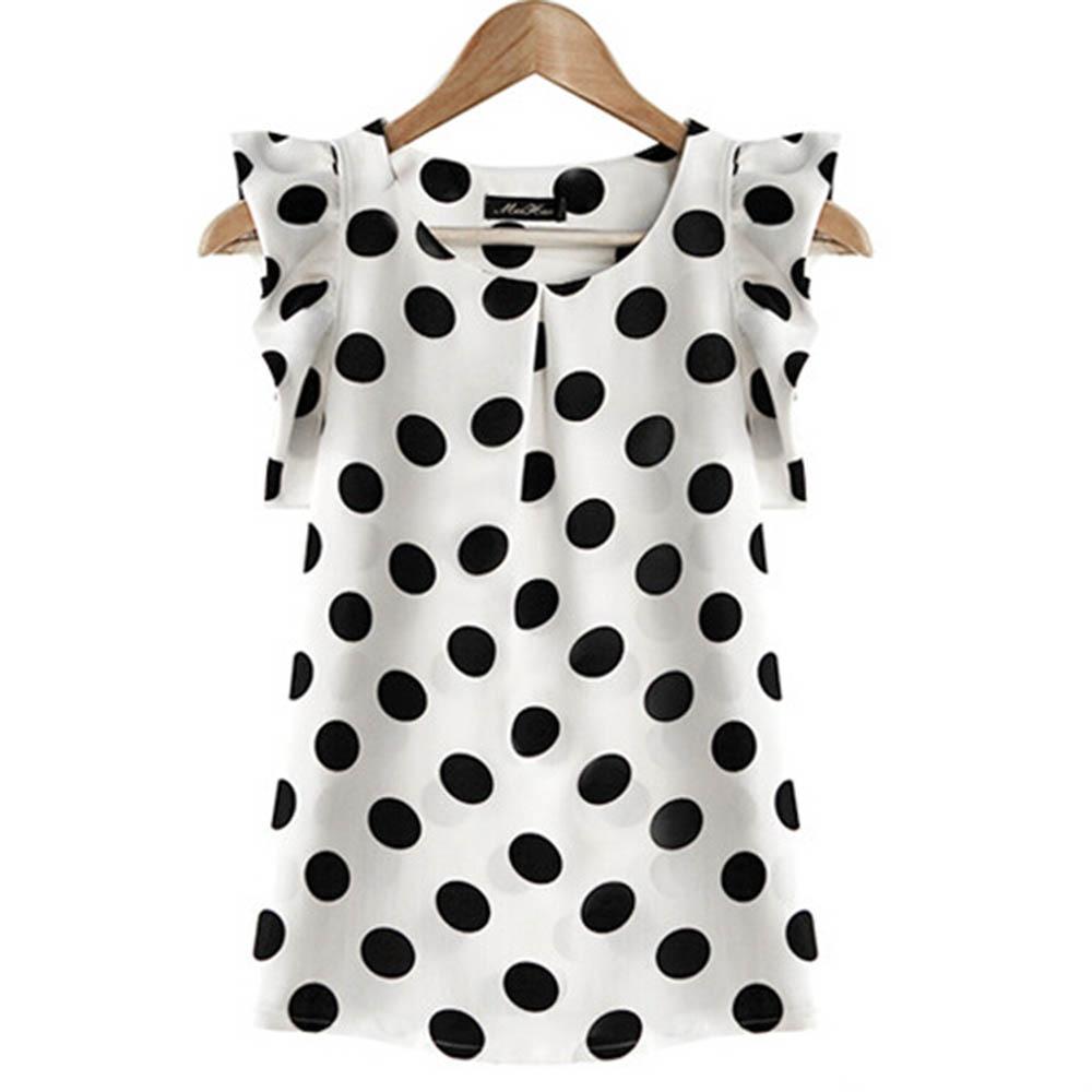 Black White Dots Blouse Chiffon Shirt Ruffle Sleeve - Easy Pickins Store