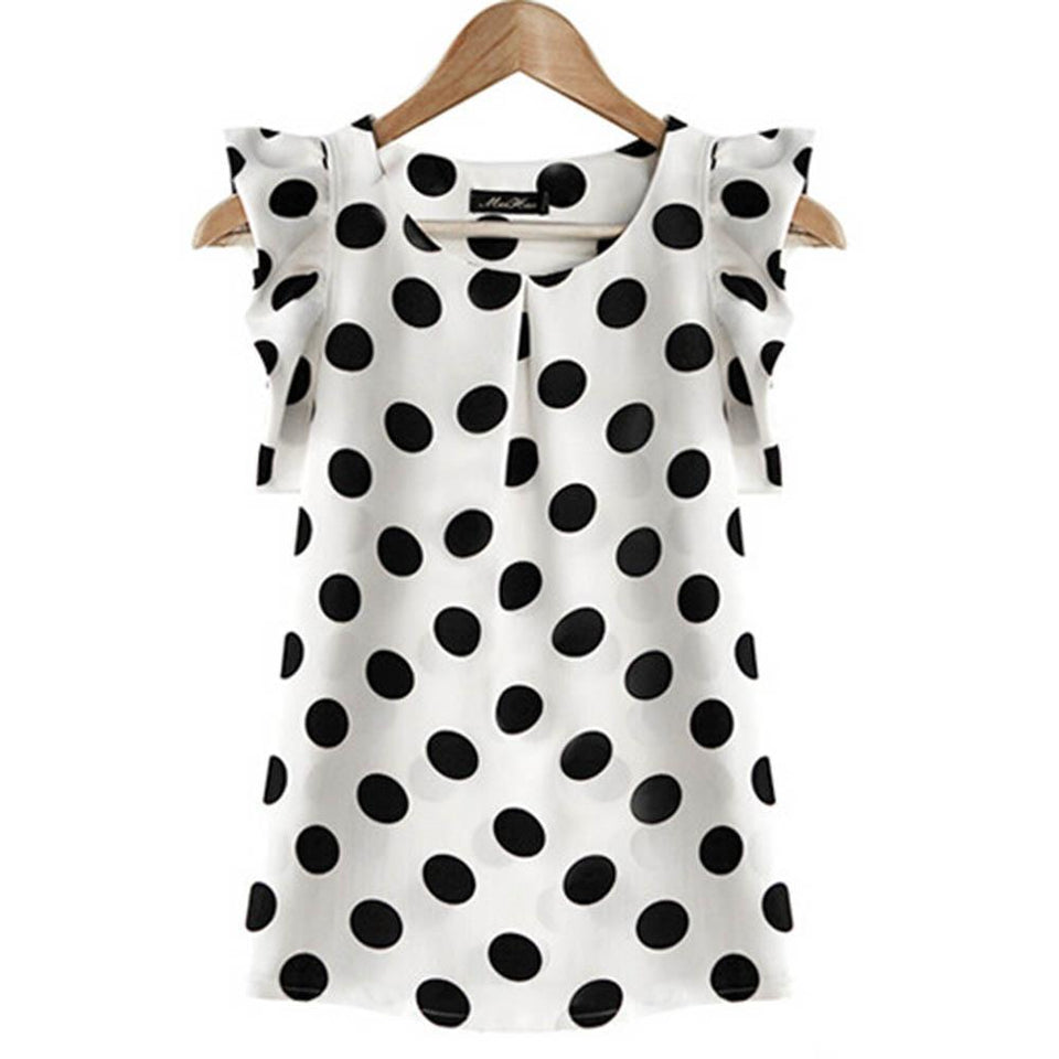 Black White Dots Blouse Chiffon Shirt Ruffle Sleeve - Easy Pickins Store