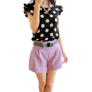 Black White Dots Blouse Chiffon Shirt Ruffle Sleeve - Easy Pickins Store