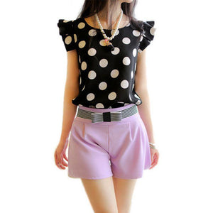 Black White Dots Blouse Chiffon Shirt Ruffle Sleeve - Easy Pickins Store