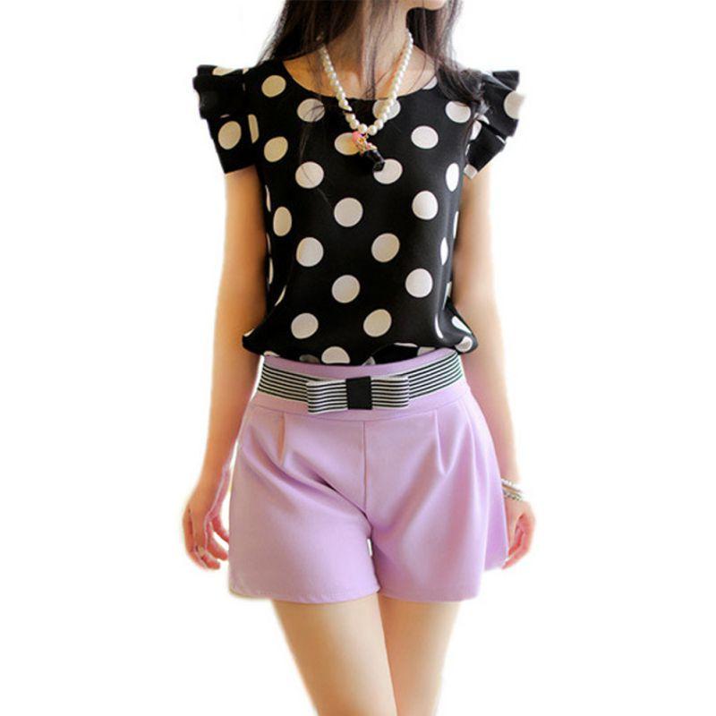 Black White Dots Blouse Chiffon Shirt Ruffle Sleeve - Easy Pickins Store