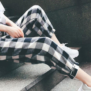 Black White Plaid Harem Pants Loose Drawstring - Easy Pickins Store
