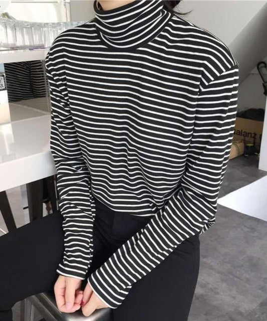 Black White Striped Long Sleeve T-shirt Turtleneck Plus Sizes - Easy Pickins Store