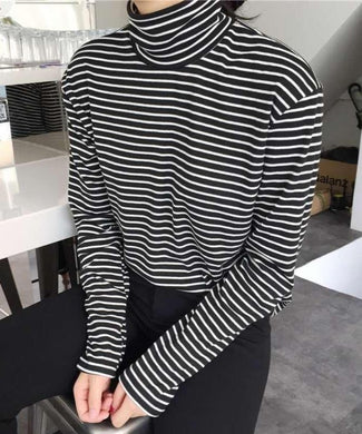 Black White Striped Long Sleeve T-shirt Turtleneck Plus Sizes - Easy Pickins Store