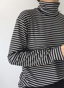 Black White Striped Long Sleeve T-shirt Turtleneck Plus Sizes - Easy Pickins Store