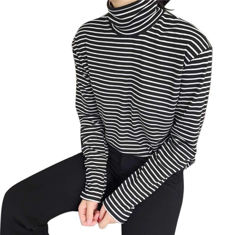 Black White Striped Long Sleeve T-shirt Turtleneck Plus Sizes - Easy Pickins Store