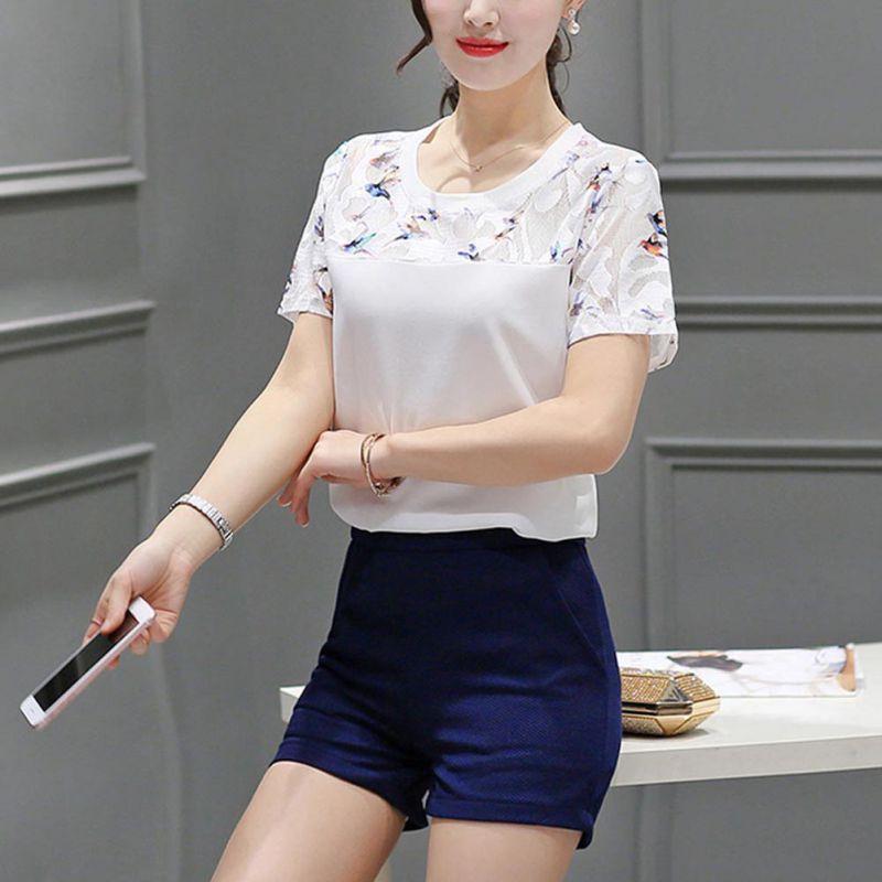 Blouse Hollow Out Lace Hem Short Sleeve - Easy Pickins Store