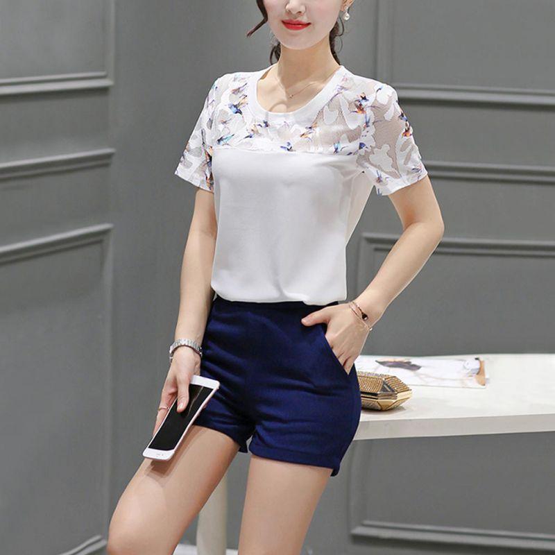 Blouse Hollow Out Lace Hem Short Sleeve - Easy Pickins Store