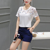 Blouse Hollow Out Lace Hem Short Sleeve - Easy Pickins Store