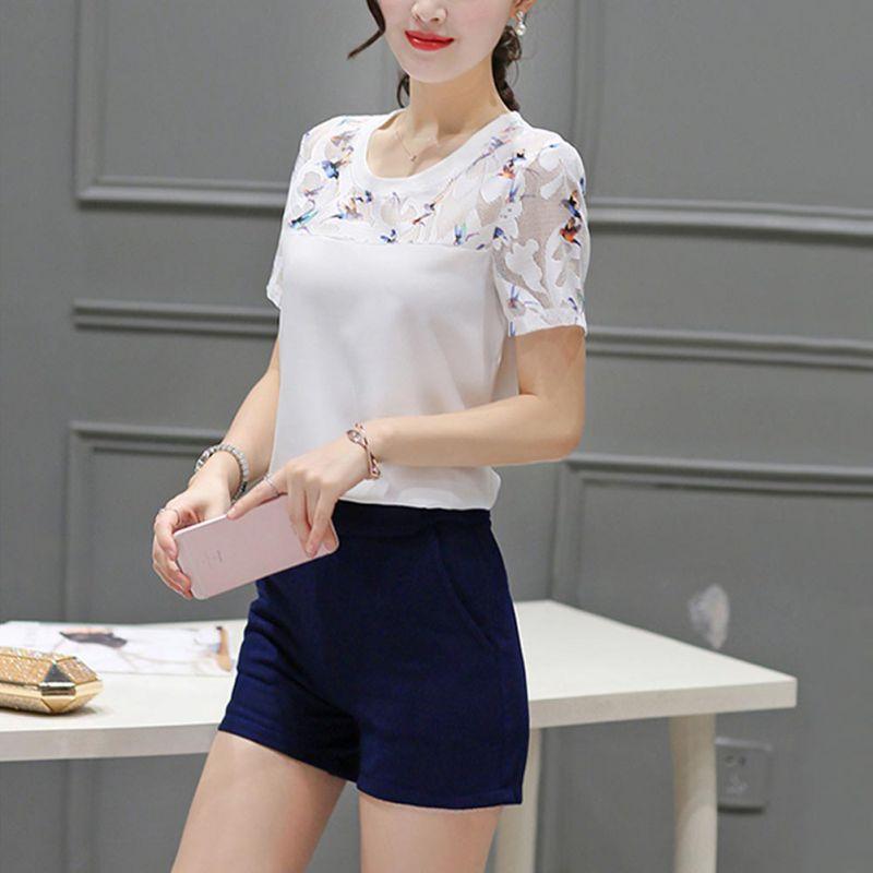 Blouse Hollow Out Lace Hem Short Sleeve - Easy Pickins Store