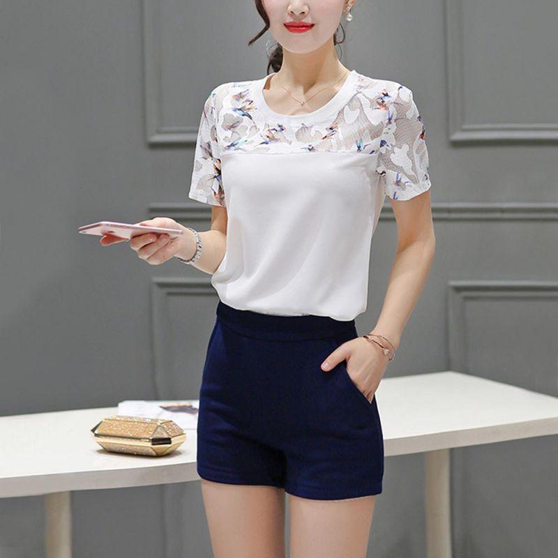 Blouse Hollow Out Lace Hem Short Sleeve - Easy Pickins Store