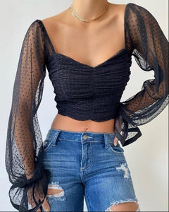 Blouse Shirt Mesh Polka Dot Long Sleeve - Easy Pickins Store