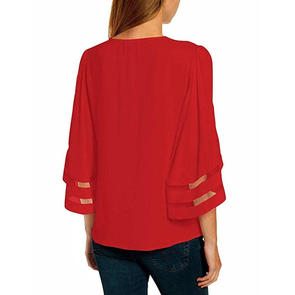 Blouse V Neck Mesh Sleeves Loose - Easy Pickins Store