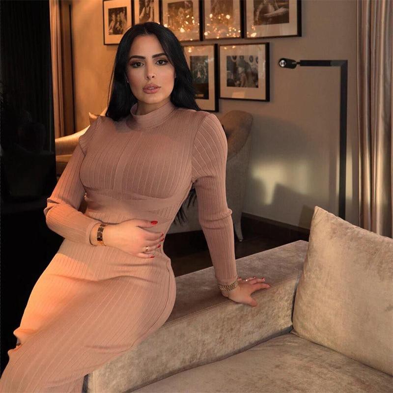 Bodycon Dress Turtleneck Rayon Long Sleeve Bandage Ribbed - Easy Pickins Store