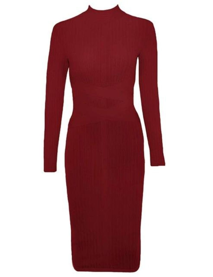 Bodycon Dress Turtleneck Rayon Long Sleeve Bandage Ribbed - Easy Pickins Store