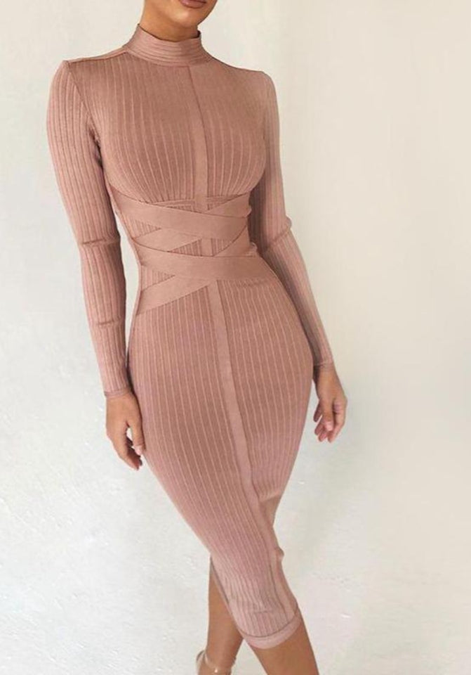 Bodycon Dress Turtleneck Rayon Long Sleeve Bandage Ribbed - Easy Pickins Store