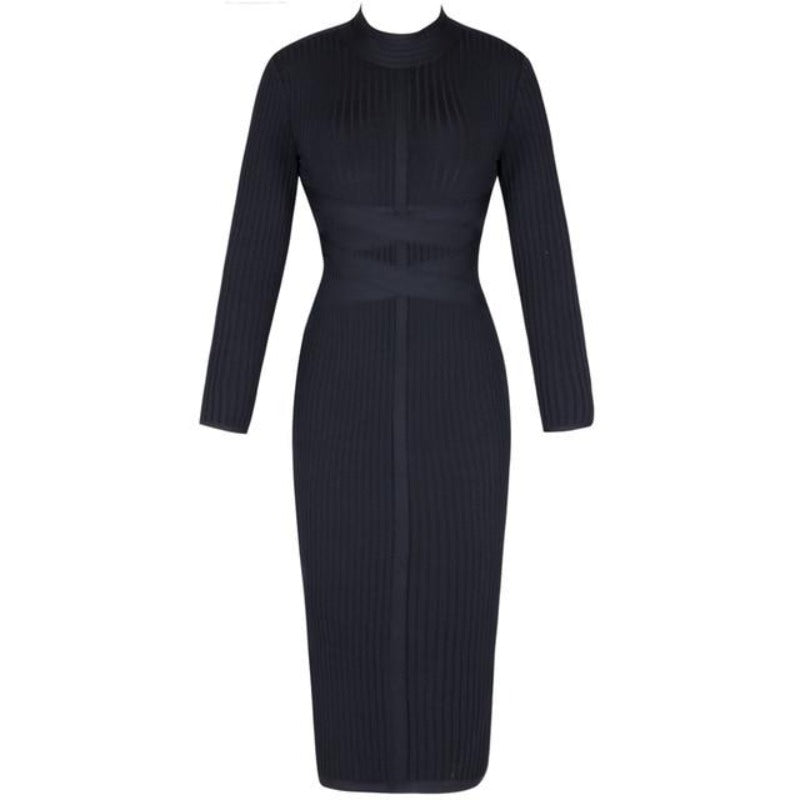 Bodycon Dress Turtleneck Rayon Long Sleeve Bandage Ribbed - Easy Pickins Store