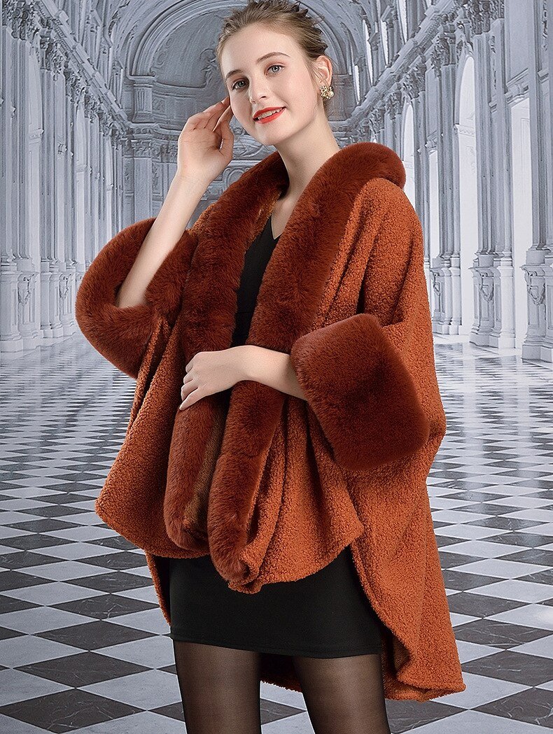 Cape Faux Rabbit Fur Poncho Thick Long Loose Shawl Cardigan Cloak Coat - Easy Pickins Store