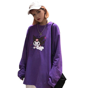 Cartoon Demon Print Purple T Shirt Long Sleeve O Neck Loose - Easy Pickins Store