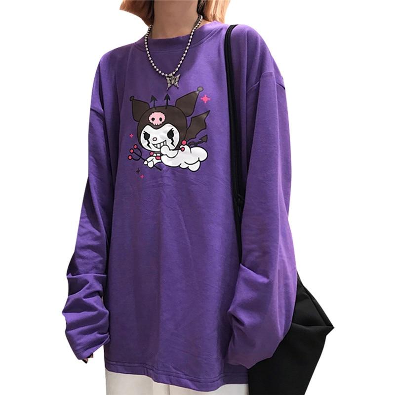 Cartoon Demon Print Purple T Shirt Long Sleeve O Neck Loose - Easy Pickins Store