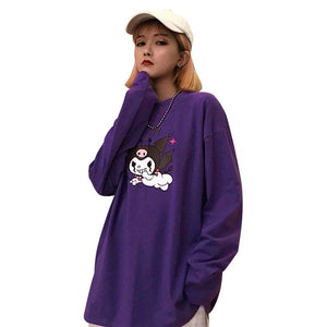 Cartoon Demon Print Purple T Shirt Long Sleeve O Neck Loose - Easy Pickins Store