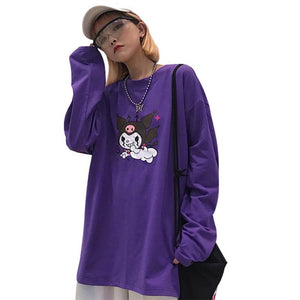 Cartoon Demon Print Purple T Shirt Long Sleeve O Neck Loose - Easy Pickins Store