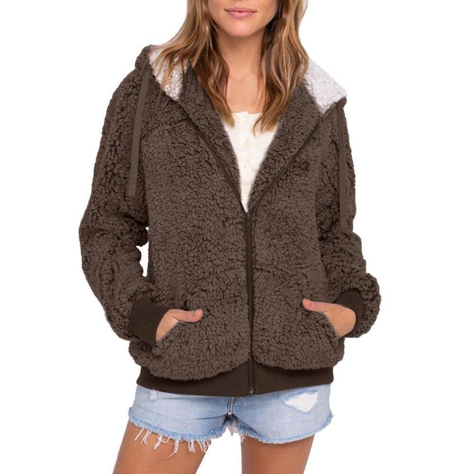 Casual Faux Fur Plush Warm Pocket Hooded Outwear Cardigan Coat - Easy Pickins Store