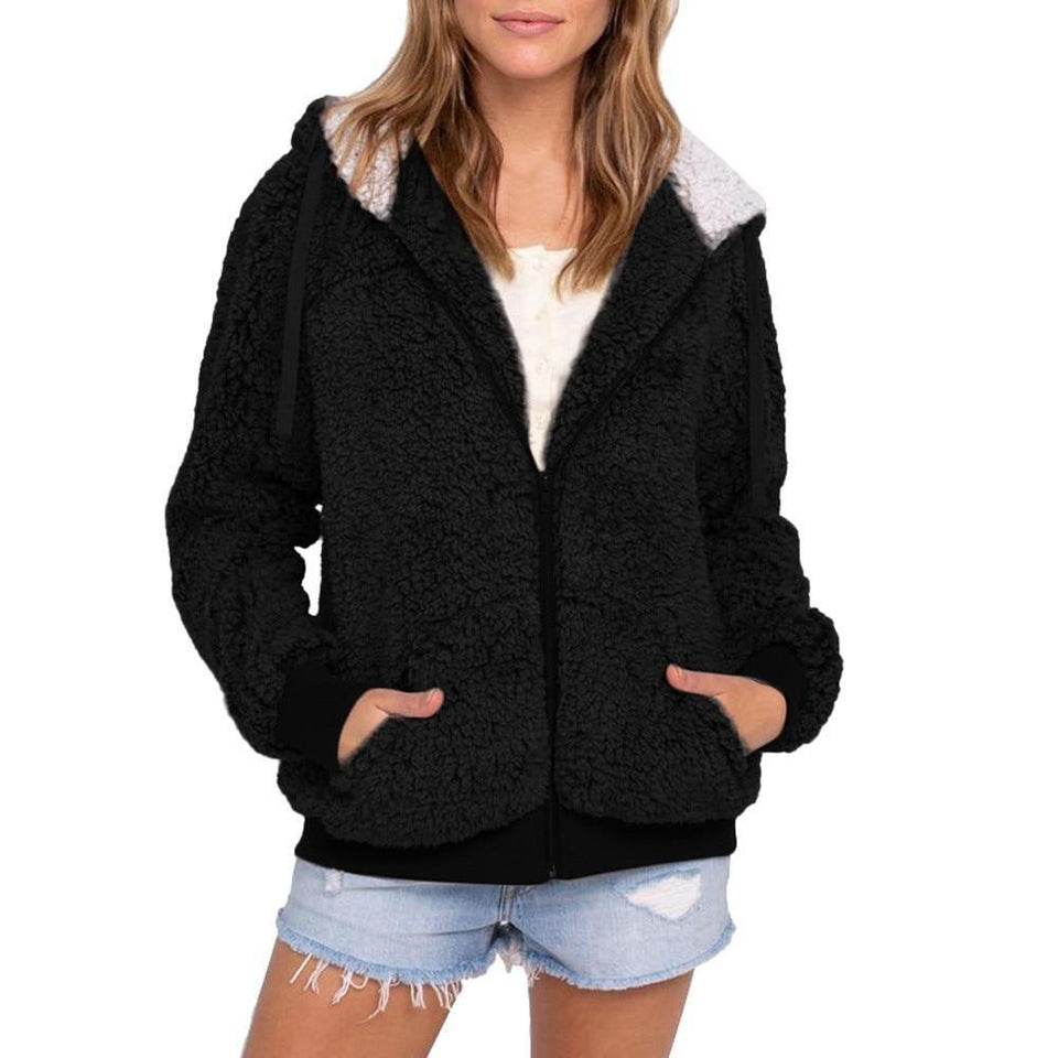 Casual Faux Fur Plush Warm Pocket Hooded Outwear Cardigan Coat - Easy Pickins Store