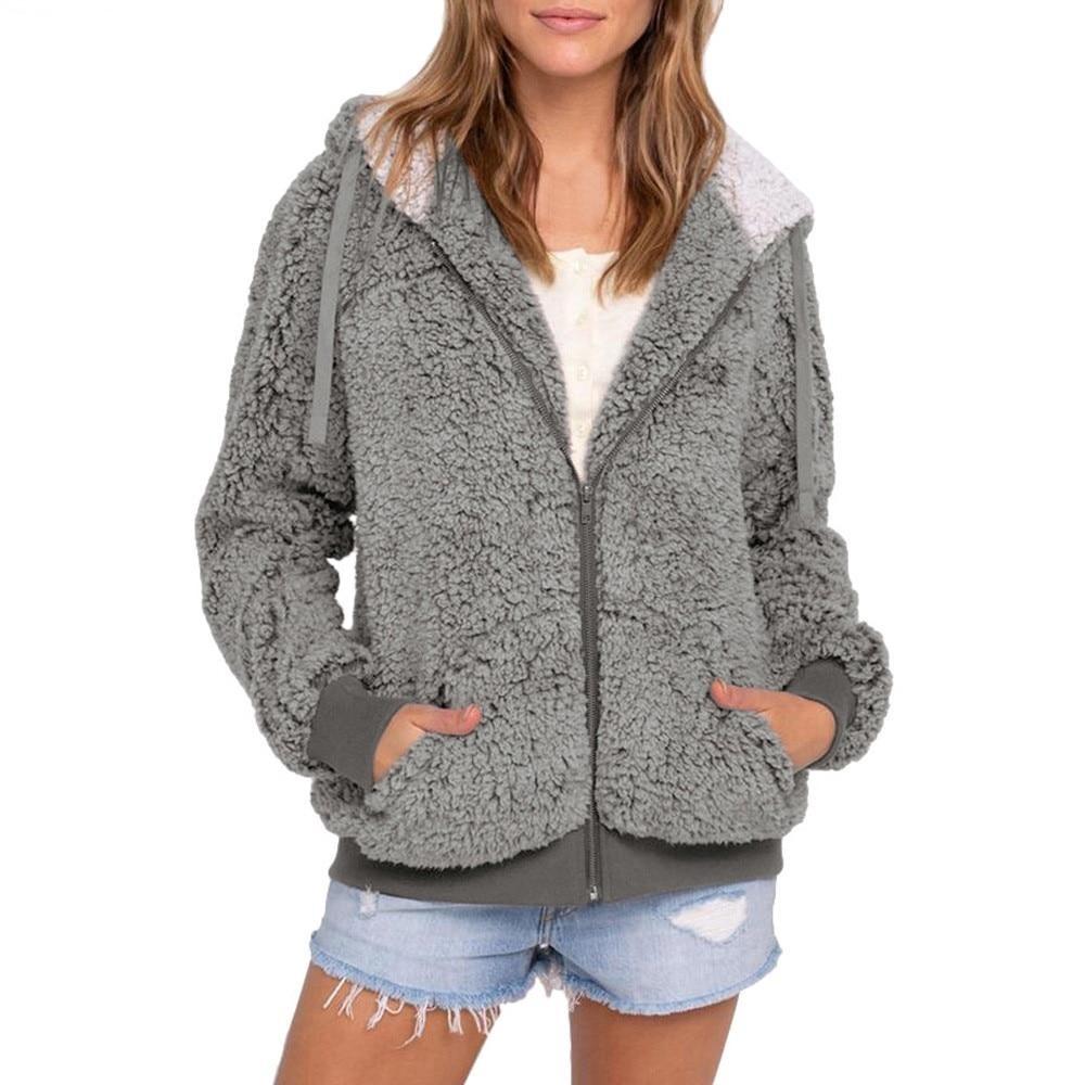Casual Faux Fur Plush Warm Pocket Hooded Outwear Cardigan Coat - Easy Pickins Store