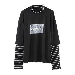Character Letter Print Stripe Patchwork Casual Loose Long Sleeve T Shirt - Easy Pickins Store