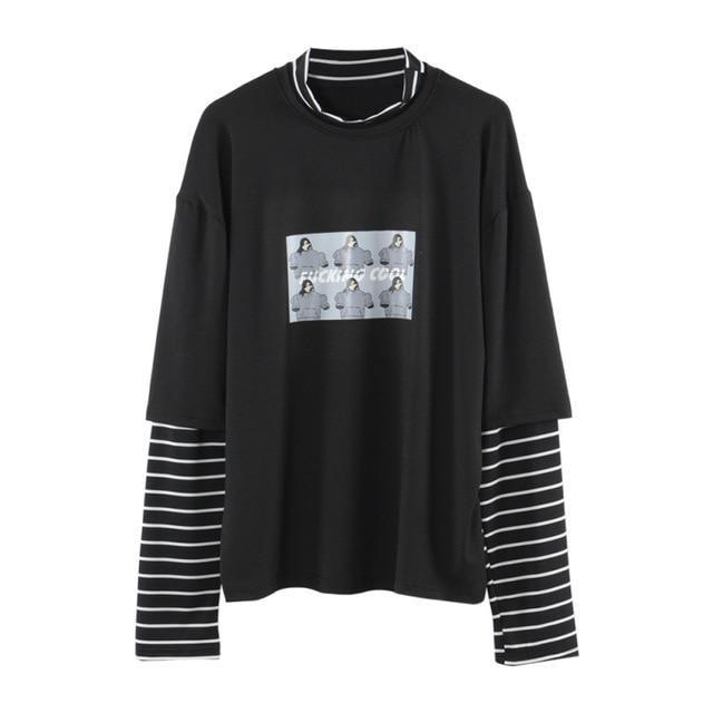 Character Letter Print Stripe Patchwork Casual Loose Long Sleeve T Shirt - Easy Pickins Store
